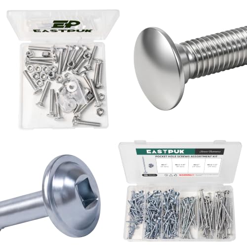 (20 Sets) 1/4-20 x 1-1/2 Carriage Bolts with Nuts and Washers & 190Pcs #8 Pocket Hole Screws Assortment Kit, Self-Tapping Tip Square Drive Wood Screw for Furniture with 150mm Drill Bit