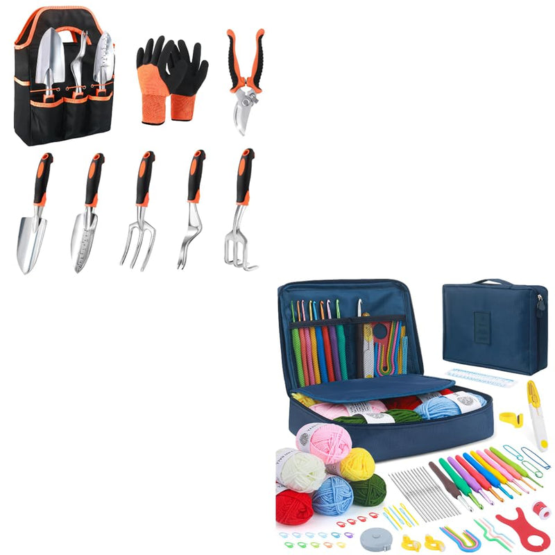 8 Piece Gardening Tools Set with Non Slip Ergonomic Handle + 67 Pcs Knitting Kits Crochet Set with Yarn