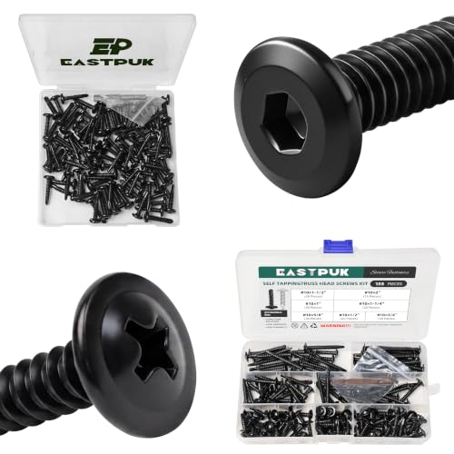 100Pcs 10 x 1 Stainless Steel Flat Head Socket Cap Self Drilling Screw & 155Pcs #10 Self Tapping Screws for Metal, Black 410 Stainless Steel Truss Head Sheet Metal Screws, Self Drilling Screws