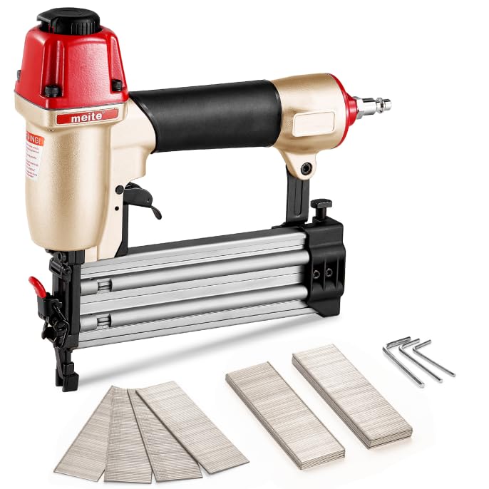 meite F50C Pneumatic Brad Nailer Kit Includes 2,000 Pcs 18 Gauge Stainless Steel Brad Nails 3/4", Ideal for Trim Work Furniture Building & DIY Projects