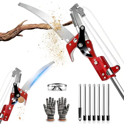 Pole Saw for Tree Trimming 2-in-1 Tree Pruner with Saw & Pruning Scissors - 11FT Extendable Tree Trimmer for High Branch Trimming, Yard, Garden & Orchard Red