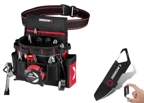ARROW Tool Belt Heavy-Duty, Electrician Tool Pouch with 10 Pockets & Small Folding Pocket Knife, EDC Mini Pocket Knife