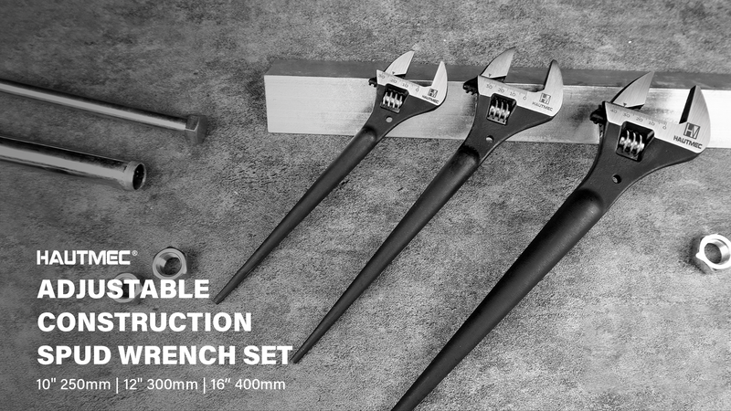 HAUTMEC 16 inch Adjustable Spud Wrench, Wide Jaw Up to 1-5/8"(41mm), Adjustable Spud Wrenches with Tail Pry Bar Features, Black Oxide Finish, Forged CR-V Steel Metric & SAE Scales with Tether Hole 16in
