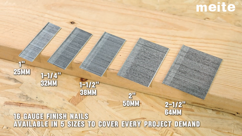 meite 16 Gauge Finish Nails 5 Sizes Galvanized Straight T-Nails 2,500PCS 1 Box 5 Sizes Finish Nails Set