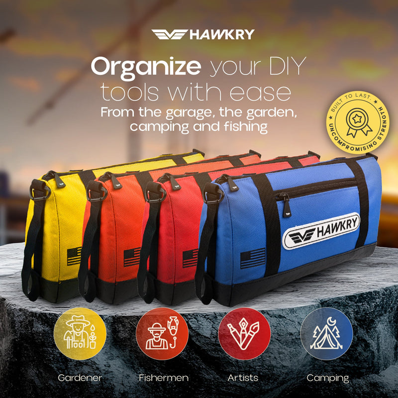 HAWKRY Oxford Tool Bag Set of 4 – Heavy Duty Waterproof Tool Pouches with Zipper, Small Tool Bags for Electricians, Mechanics, Construction, Gardening & Tool Organization Yellow, Orange, Red, Blue