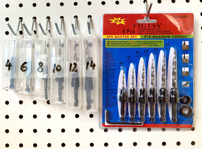 FTG USA Wood Countersink Drill Bit Set 5 Pc Countersink Drill Bit #4, 6, 8, 10, 12, Tapered Drill Bits with 1/4" Hex Shank Quick Change, Allen Wrench, and 6 Pc Storage Containers