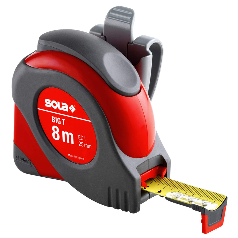 SOLA tape measure - BIG T - 8m / 25mm - extremely robust professional tape measure with belt clip - steel tape, painted yellow with mm scale - accuracy class I - roll meter with non-slip end hook - length 8m/25mm