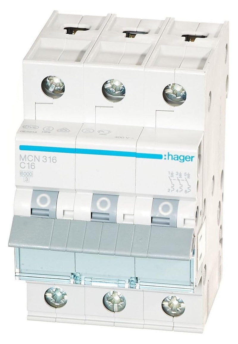 Hager-Mcn316-breaker | 3-phase circuit breaker with 6 kA switching capacity, 400 V rated voltage and 3 module widths in screw technology