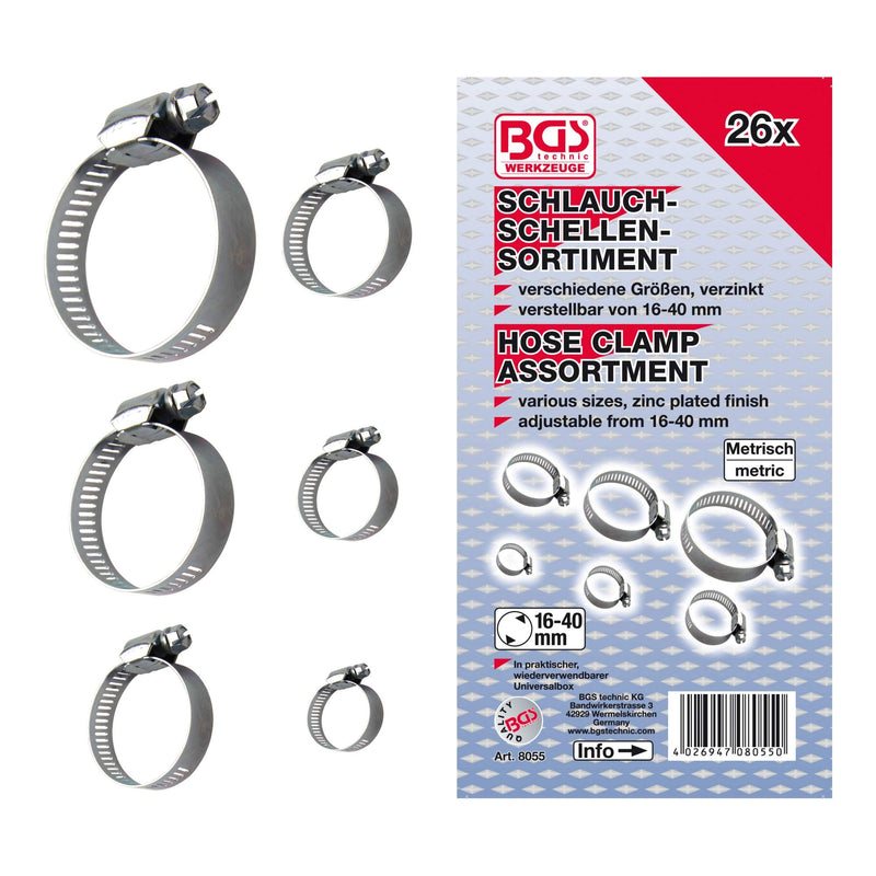 BGS 8055 | Hose clamp assortment | 26 pieces | Ø 16 - 40 mm | Incl. assortment box | Hose clamps | Pipe hose fasteners
