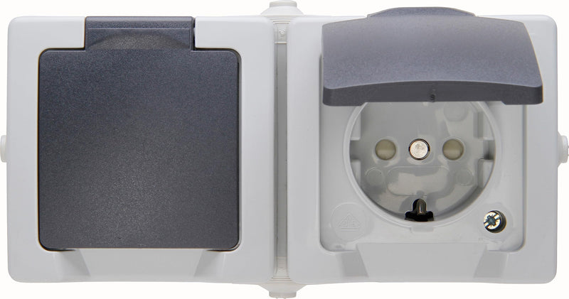 Kopp Nautic 2-way socket surface-mounted for wet rooms with hinged lid and contact protection I earthed contact socket 16 A / 250 V / IP44 I surface-mounted socket I gray - 137056002 socket 2-way horizontal
