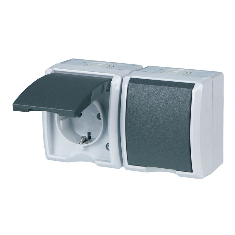 REV AquaForm, double socket, moisture-proof socket, IP44, single-pole, surface-mounted, gray socket, 2-way socket, single