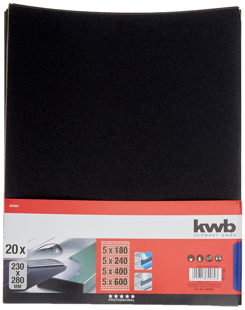 kwb sandpaper set - 20 pieces 230 mm x 280 mm, paint & car, waterproof - silicon carbide sprinkled