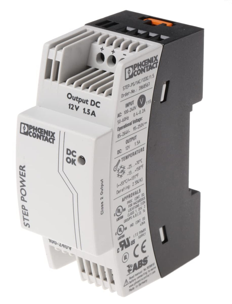 Phoenix Contact STEP-PS/1AC/12DC/1.5 switch mode DIN rail power supply 18W, 85 → 264V ac, 12V dc / 1.5A