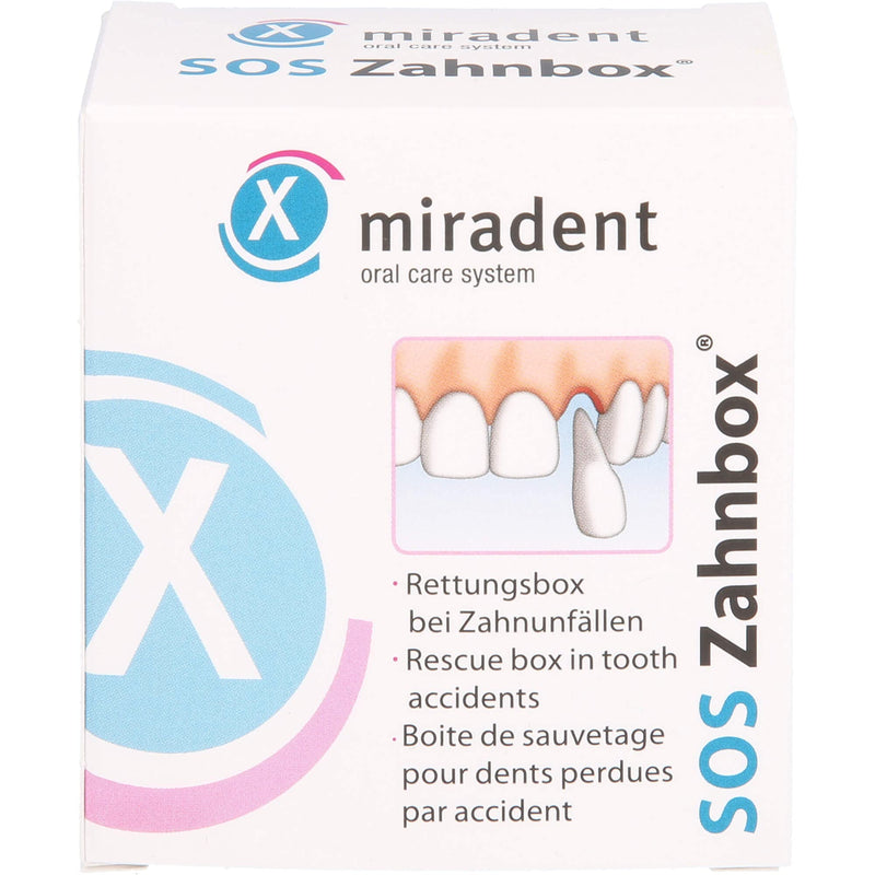 Miradent tooth rescue box SOS tooth box for knocked out teeth. Properly store front tooth trauma. Cell nutrient solution preserves cells for up to 48 hours for replantation and healing of the lost tooth