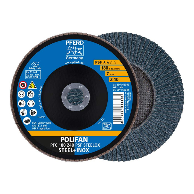 PFERD Tools Polifan Serrated Washer PFC | 180 x 22.23 mm, Conical, Z40, Universal Line PSF Steelox | 67764185 - for Steel and Stainless Steel (INOX)