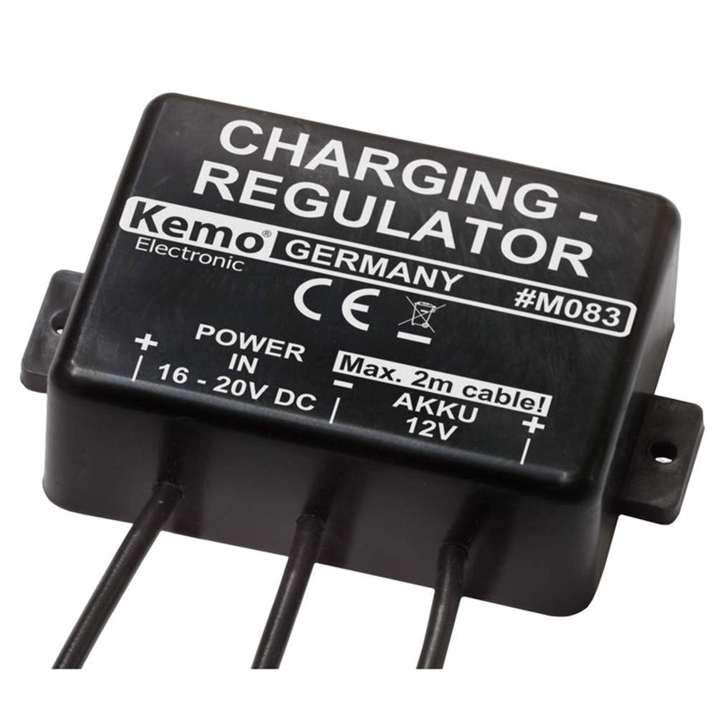 Kemo M083 battery charge controller 12 V/DC Monitors the charge status of a 12 V car battery, automatic recharging when the battery voltage drops. Input voltage 16 - 20 V/DC (solar panel or power supply)