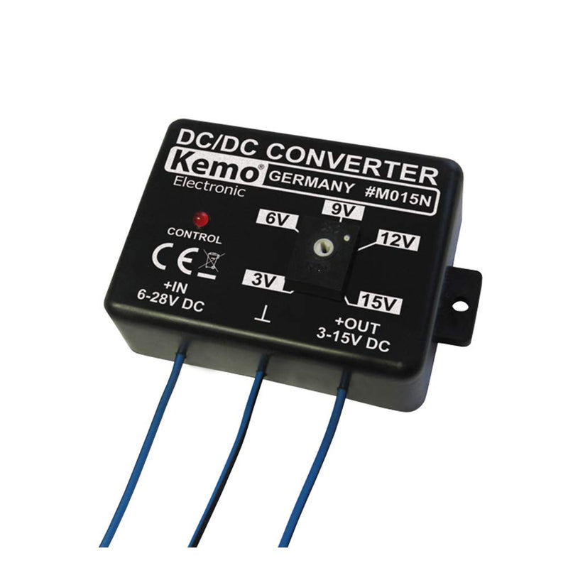 Kemo M015N adjustable voltage converter. Input voltage 6 - 28 V/DC - adjustable output voltage 3 - 15V stabilized & short circuit proof. Max. output current 1.5 A single pack