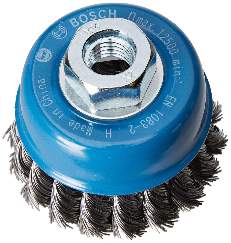 Bosch Professional 1x cup brush braided steel wire heavy for metal (steel, color, Ø 75 mm, 0.35 mm, thread, M14, accessories for angle and straight grinders) wire thickness 0.35 mm