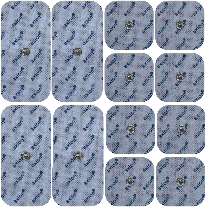 Mixed set of 12 TENS EMS electrode pads with push button - compatible with TENS devices & EMS trainers from Sanitas (like SEM 40.41) & Beurer (like EM 40.41) | Reusable | certified Axion medical device