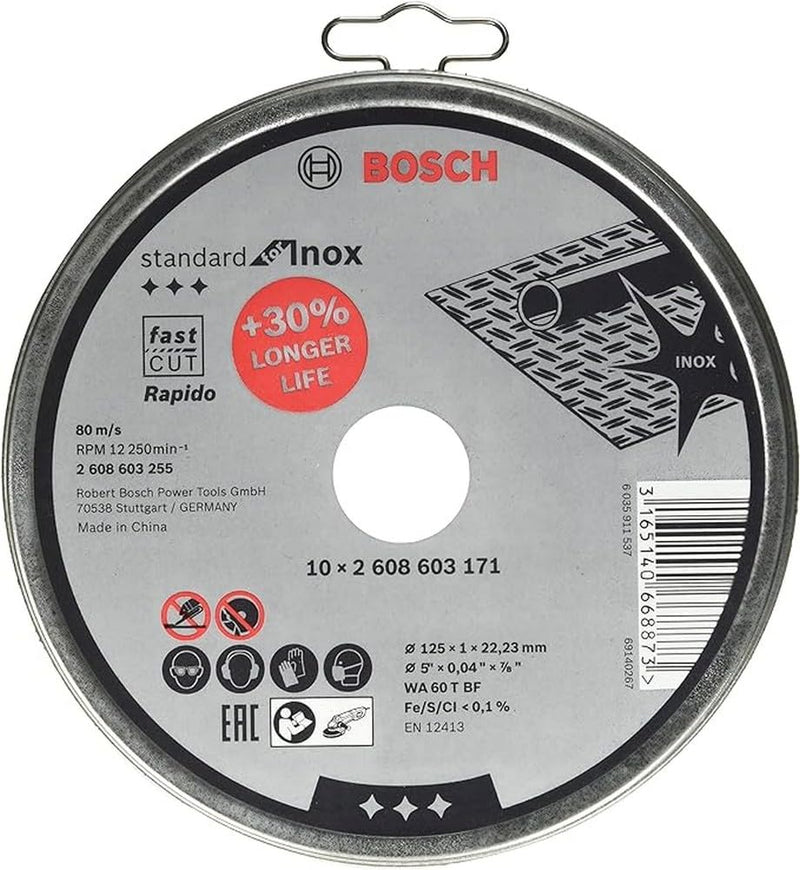 Bosch Professional 10x cutting disc straight standard for Inox - Rapido (stainless steel, WA 60 T BF, Ø 125 mm, 1.0 mm, angle grinder accessories)