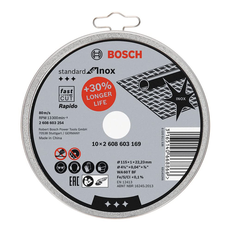 Bosch Professional cutting disc straight standard for Inox - Rapido WA 60 T BF, 115 mm, pack of 10, 2608603254