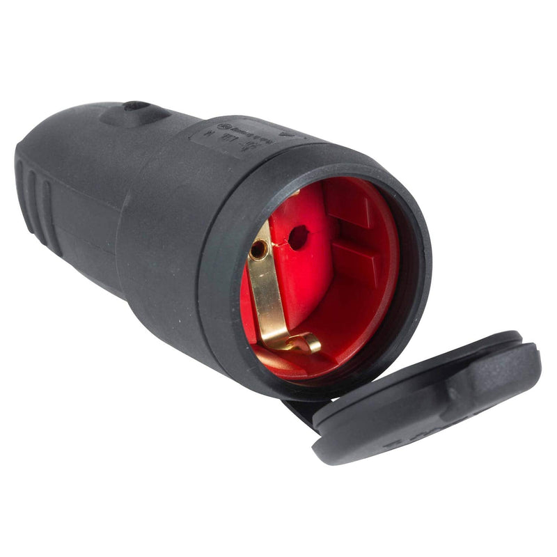 as - Schwabe rubber coupling, protective contact coupling with protective cap, cables up to max. 2.5mm² for outdoor use, 230V, 16A, IP44, black, Made in Germany, 60415