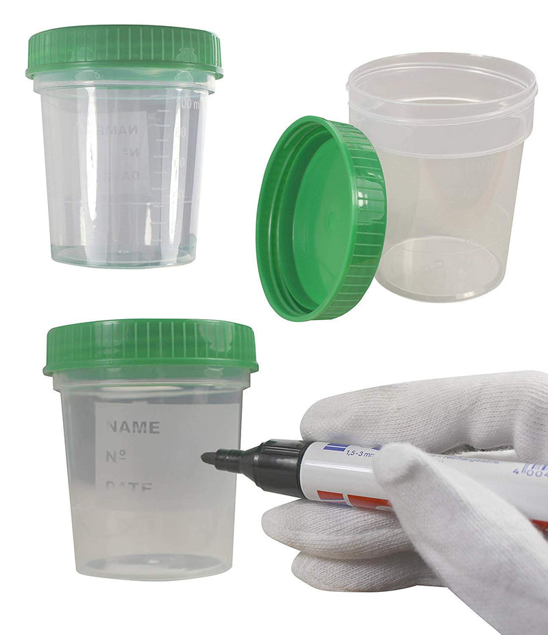 25x urine sample cups 125ml with green screw lid