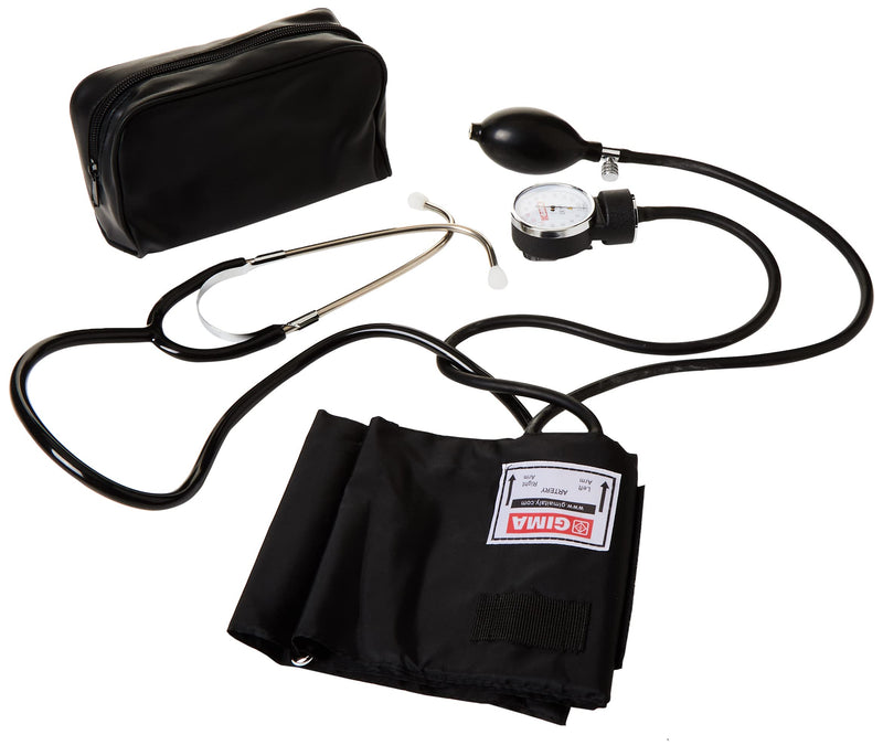 Gima - Conventional YTON aneroid blood pressure monitor with built-in etioscope, Velcro cuff made of nylon, manual adjustment, rubber ball with chrome-plated valve Blood pressure monitor with built-in stethoscope Black