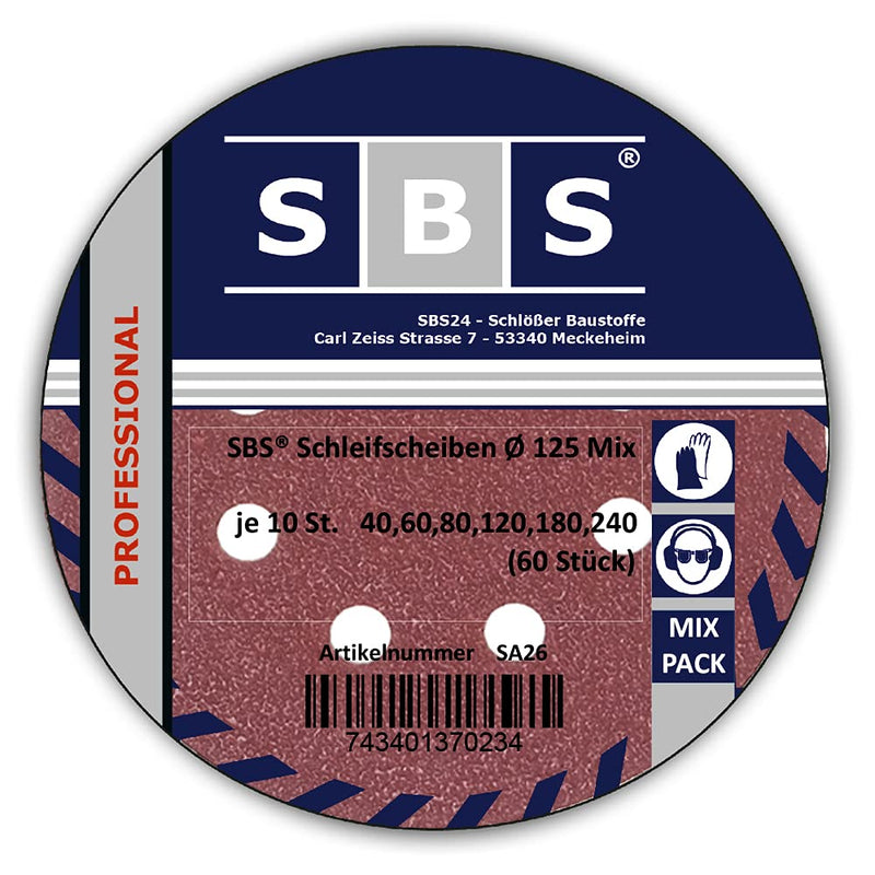 60 pieces | SBS® grinding wheels| Ø 125 mm | 8 hole | Grain size 10 x 40/60/80/120/180/240 each - eccentric sander