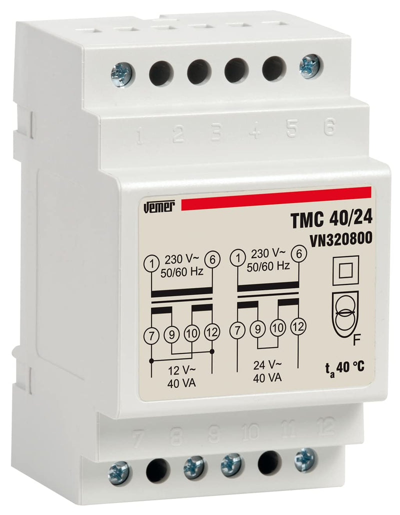 VEMER VN320800 TMC 40/24 - Transformer for DIN rails with primary voltage 230V, secondary voltage 12-24V and power 40VA, white