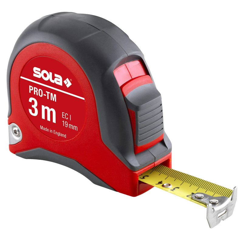 SOLA tape measure - PRO-TM - 3m / 19mm - robust professional tape measure with belt clip - steel tape, painted yellow with mm scale - accuracy class I - roll meter with movable end hook - length 3m/19mm