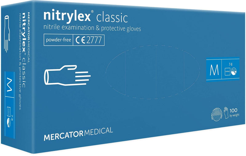 MERCATOR MEDICAL Nitrile gloves, powder-free disposable gloves NITRYLEX CLASSIC, size: M - 100 pieces, textured fingertips, latex-free disposable gloves, nitrile gloves, blue M (100 pieces)