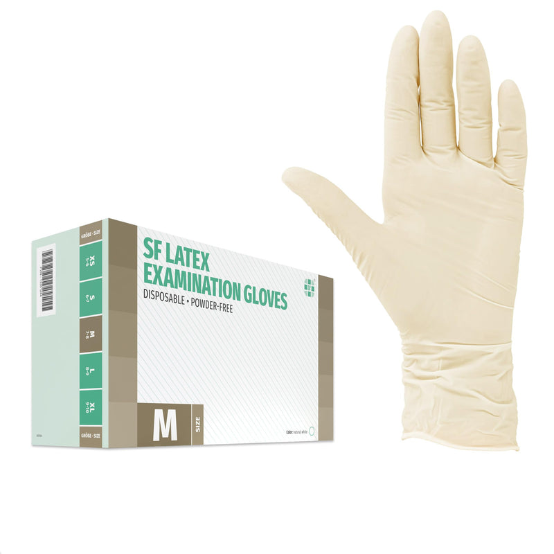 Box of 100 Disposable Latex Gloves, Powder-Free, Non-Sterile Disposable Gloves, Examination Gloves,White, Medium | Einmalhandschuhe für Reinigung, Küche, Kosmetik, Tattoo und Haushalt; geeignet für Gewerbe, Beruf und Alltag 1