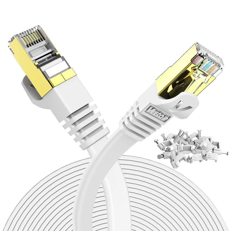 Veetop 10m Lan Cable Network Cable Cat 7 Ethernet Cable with Gold-Plated RJ45 Connector Flat and Thin with 10 Gbps Transfer Rate 10 Meters White White