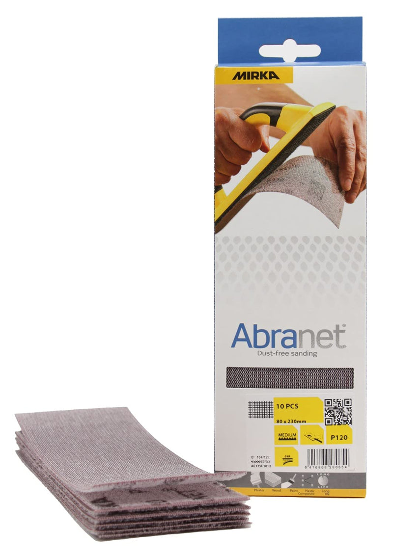 Mirka Abranet® mesh sanding strips (80 x 230 mm), professional sanding grid with P120 grit and Velcro, for hand sanding, orbital sander and hand sanding block, pack of 10, grit P120