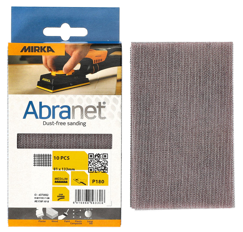 Mirka Abranet mesh sanding strips 81x133 mm Velcro / grain P180 / 10 pieces / for sanding wood, filler, paint, plastic / AE178F1018