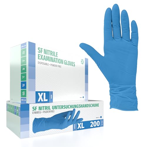 Box of 200 Nitrile Disposable Examination Gloves (XL, Blue), Powder-Free, Non-Sterile, Latex-Free | Puderfreie Einmalhandschuhe für Tattoo, Werkstatt, Küche, Reinigung und Haushalt; vielseitig für Gewerbe und Alltag