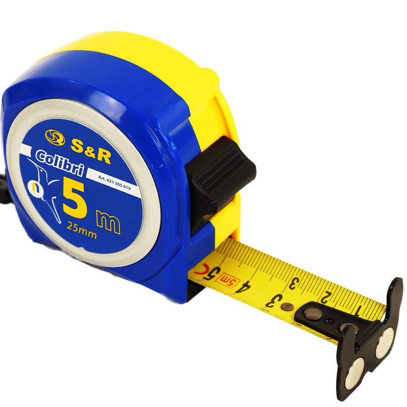 S&R tape measure 5m x 25 mm with magnetic hook, COMPACT and ROBUST, nylon polymer tape measure printed on both sides, belt loop, impact-resistant housing, COLIBRI series, tape measure, ruler, tape measure, roll tape 5m x 25mm