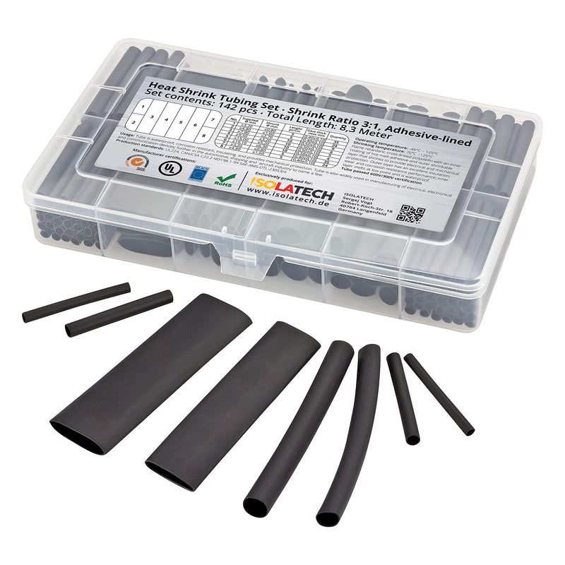 142 pieces 3:1 with adhesive black shrink tube assortment unlabelled. Set total length of 8.3m in a practical box. Hot glue layer on the inside waterproof ISOLATECH