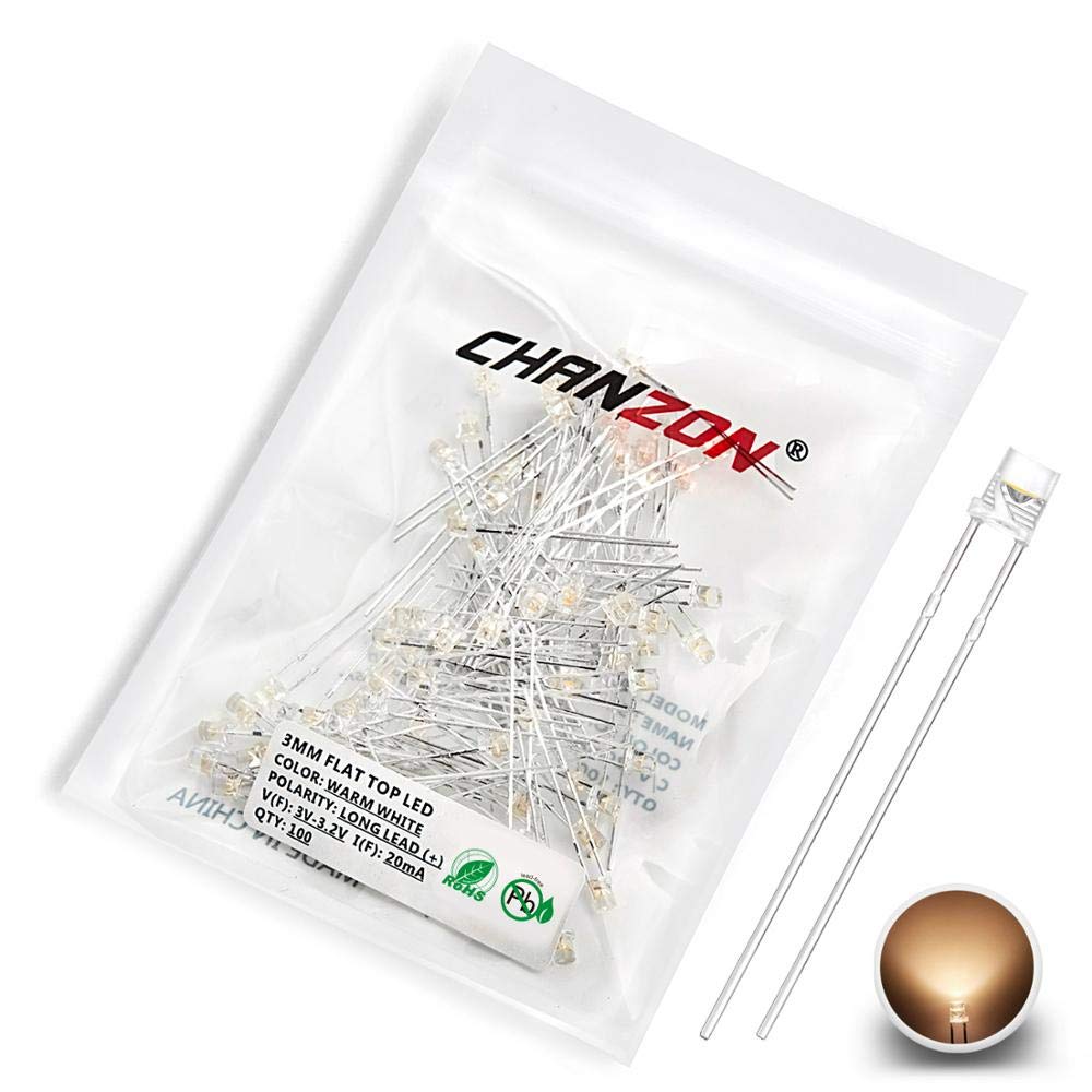 Chanzon Pack of 100 3mm Warm White LED Diode Lights (Clear Flat Top, Transparent DC 3V 20mA) Bright Light Bulbs Lamps Electronic Components Indicator LEDs H) Warm White (100 Pieces)