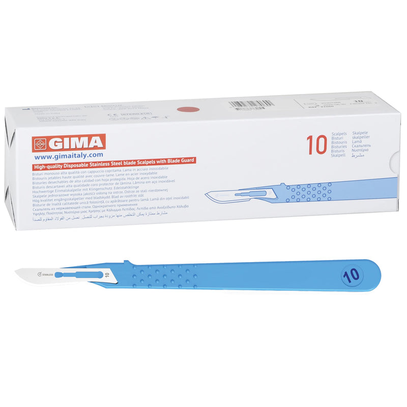 Gima - Sterile stainless steel scalpels, ABS handle, single use, standard, No. 10, 10 individually wrapped scalpels. Standard - 10 scalpels n° 10