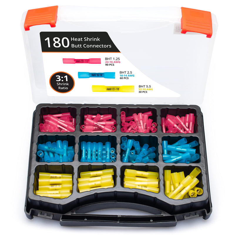 Wirefy butt connector cable connector waterproof in a set - 3:1 shrinkage rate crimp connector - shockproof connector car as an alternative to solder connector - 0.5-6mm² - 180 pieces 180 piece butt connector set 0.5 - 6 mm²