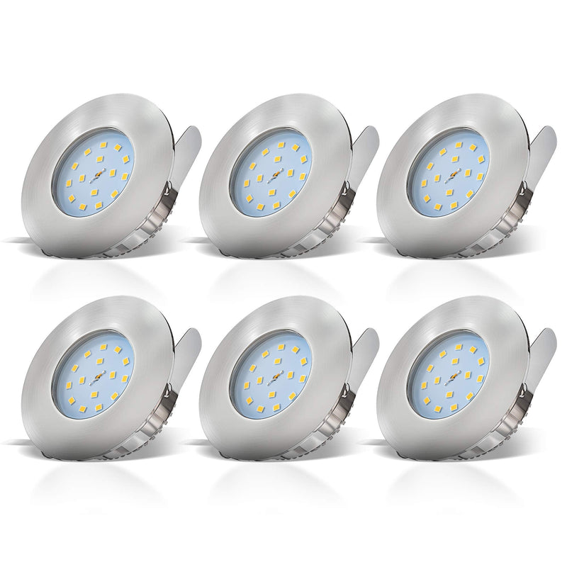 BKLicht - Set of 6 LED bathroom recessed spotlights 230V flat, warm white light color, hole size 60mm, LED spot, ceiling spots, LED spots, recessed lights, recessed spots LED, bathroom, 75x30 mm, matt nickel silver