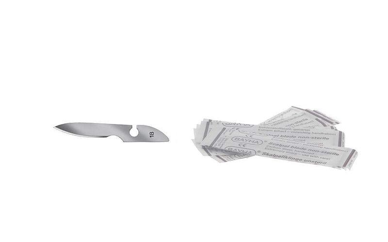 12x Bayha scalpel blades, non-sterile, blades individually packed, figure 18
