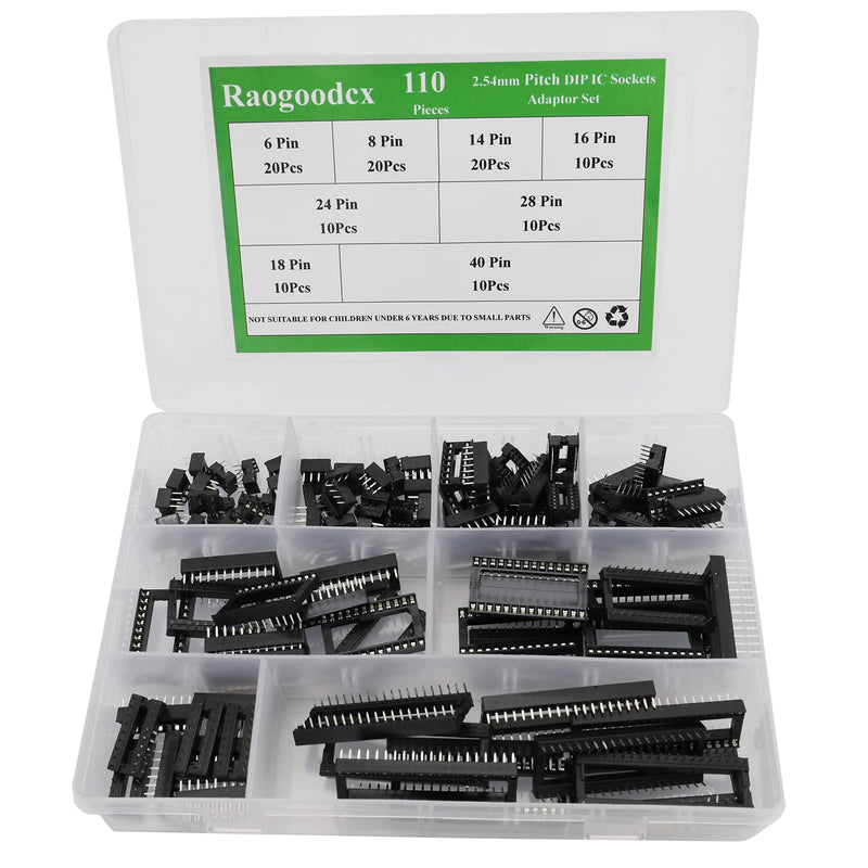 Raogoodcx 110pcs Double Row DIP IC Socket 2.54mm Pitch IC Socket Soldering Kit with 6 Pin,8 Pin,14 Pin,16 Pin,18 Pin,24 Pin,28 Pin,40 Pin