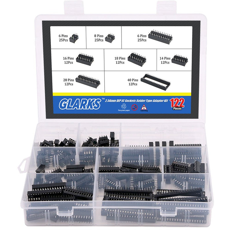 Glarks 122pcs 2.54mm Pitch DIP IC Sockets Solder Version Adapter Assortment Kit (6/8/14/16/18/24/28/40 Pins)