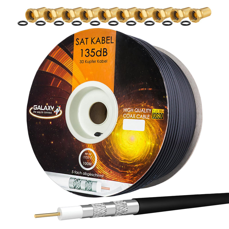 HB-DIGITAL 135dB 100m coaxial satellite cable pure KU copper black coax cable antenna cable 5-fold shielded for DVB-S/S2 DVB-C and DVB-T BK systems + 10 gold-plated F-connectors with rubber ring included for free