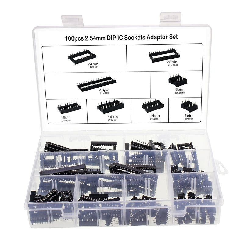 Aussel 100pcs 2.54mm Pitch Dual Row DIP IC Socket Solder Adapter Set 6, 8,14,16,18,24,28,40 Pin