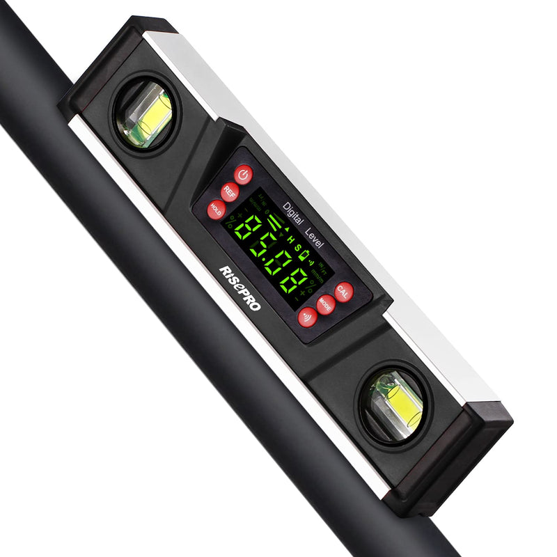 Digital Magnetic Spirit Level and Protractor - RISEPRO 10" IP54 Protected Electronic Bubble Inclinometer, Angle Finder, Gauge with Large VA Display and V-Groove Base DL135-B Black