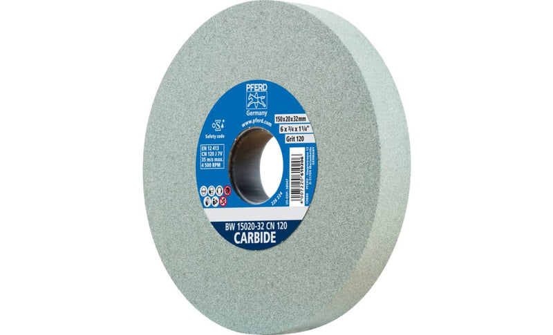 PFERD bench grinding wheel CARBIDE, 150x20x32mm, SiC 120, 39008425 - Soft, aggressive grinding wheel for hard materials, e.g. B. Carbide, with reducing sleeves (25/20/16mm) grain size 120
